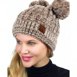 Skullies & Beanies 2 Ear Pom Pom Cable Knit Soft Stretch Cuff Skully Beanie Hat - 2 Tone Brown - CP18AUTY9QU $17.40