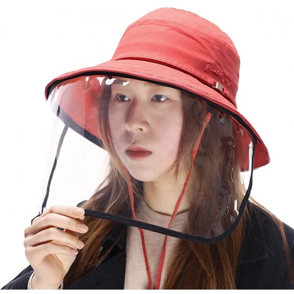 Sun Hats Womens UPF50+ Linen/Cotton Summer Sunhat Bucket Packable Hats w/Chin Cord - 00016_red(with Face Shield) - CW196A9R58...