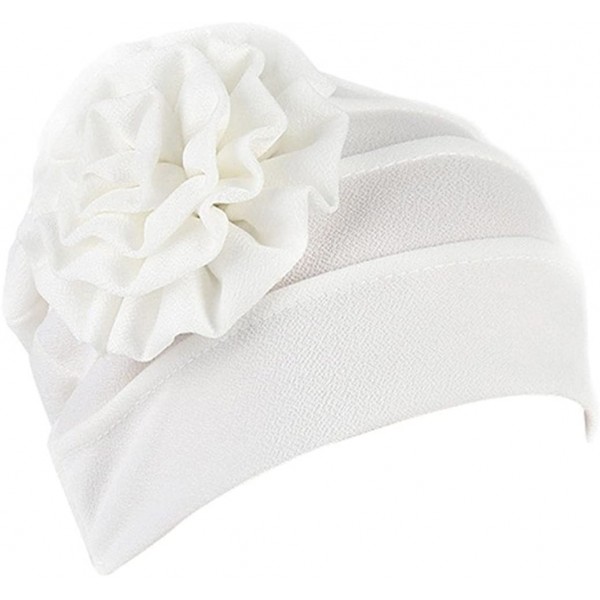 Skullies & Beanies Women's Floral Muslim Hijab Cap Solid Color Stretch Chemo Turban Hat Head Scarf - White - CZ187TKL28U $6.46