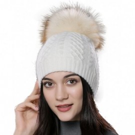 Skullies & Beanies Womens Winter Bobble Hat Unisex Wool Knit Beanie Cap with Fur Ball Pompom - White With Fox Fur Pompom - C2...