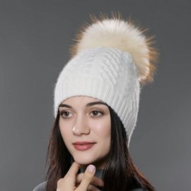 Skullies & Beanies Womens Winter Bobble Hat Unisex Wool Knit Beanie Cap with Fur Ball Pompom - White With Fox Fur Pompom - C2...