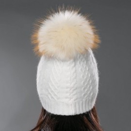 Skullies & Beanies Womens Winter Bobble Hat Unisex Wool Knit Beanie Cap with Fur Ball Pompom - White With Fox Fur Pompom - C2...