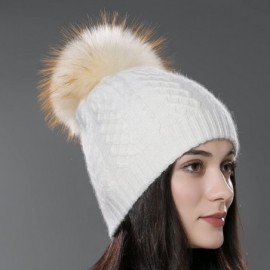 Skullies & Beanies Womens Winter Bobble Hat Unisex Wool Knit Beanie Cap with Fur Ball Pompom - White With Fox Fur Pompom - C2...
