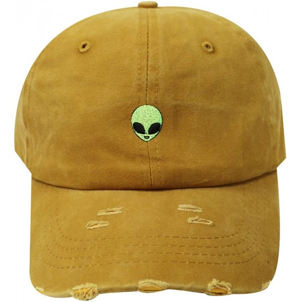 Baseball Caps Alien Small Embroidery Cotton Baseball Cap - Ripped Gold Qv440 - CO18DW4DR28 $9.35