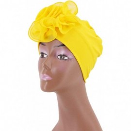Skullies & Beanies Shiny Metallic Turban Cap Indian Pleated Headwrap Swami Hat Chemo Cap for Women - Yellow African Flower - ...