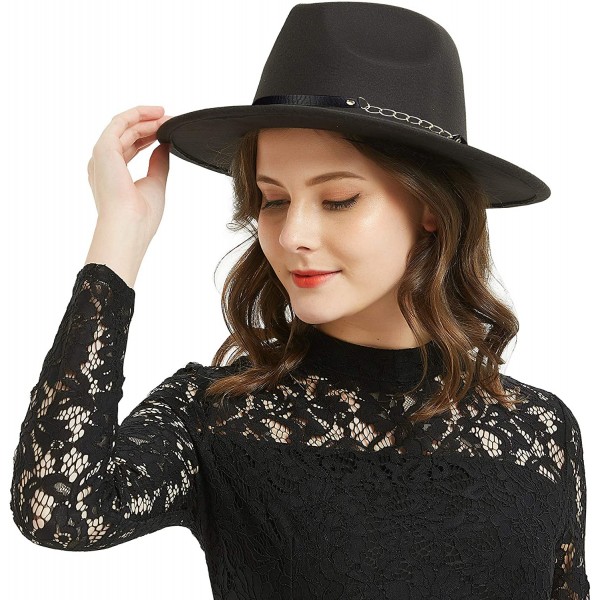 Fedoras Women or Men Woolen Felt Fedora Vintage Short Brim Crushable Jazz Hat - Black-chain Belt - C818MG7S98U $14.53