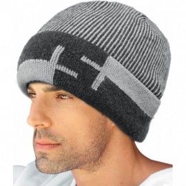 Skullies & Beanies Men's Wool Blend Knit Beanie- Soft & Warm Velour Fleece Lined - Striped - Gray - C21270EOUMJ $19.41