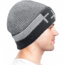 Skullies & Beanies Men's Wool Blend Knit Beanie- Soft & Warm Velour Fleece Lined - Striped - Gray - C21270EOUMJ $19.41