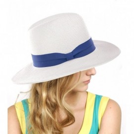 Fedoras Lightweight Solid Color Band Braided Panama Fedora Sun Hat - White/Denim - CW11WWYGKFD $11.32