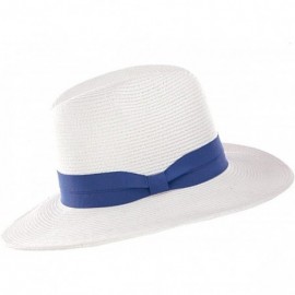 Fedoras Lightweight Solid Color Band Braided Panama Fedora Sun Hat - White/Denim - CW11WWYGKFD $11.32