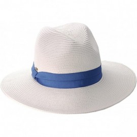 Fedoras Lightweight Solid Color Band Braided Panama Fedora Sun Hat - White/Denim - CW11WWYGKFD $11.32