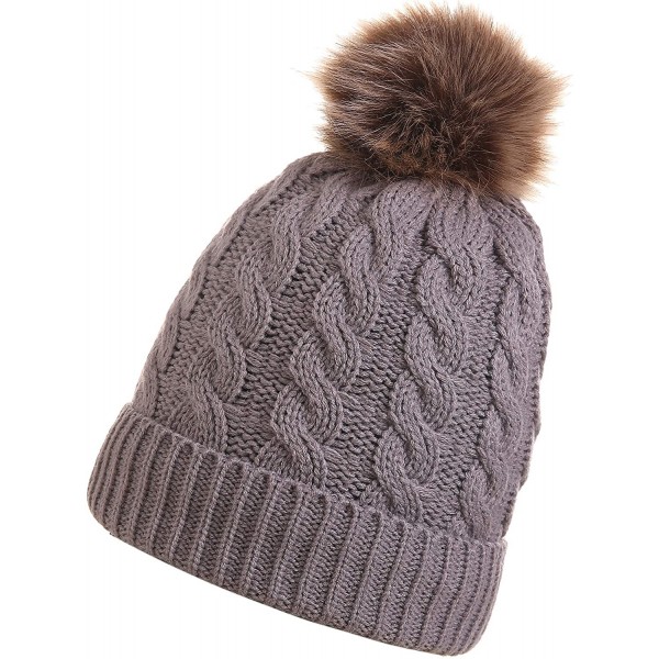 Skullies & Beanies Women's Winter Ribbed Knit Faux Fur Pompoms Chunky Lined Beanie Hats - Grey - C1186QOIYIZ $9.60
