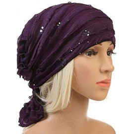 Skullies & Beanies Ruffle Chemo Turban Cancer Headband Scarf Slouchy Beanie Cap Muslim Scarf Headwear for Cancer - Purple - C...