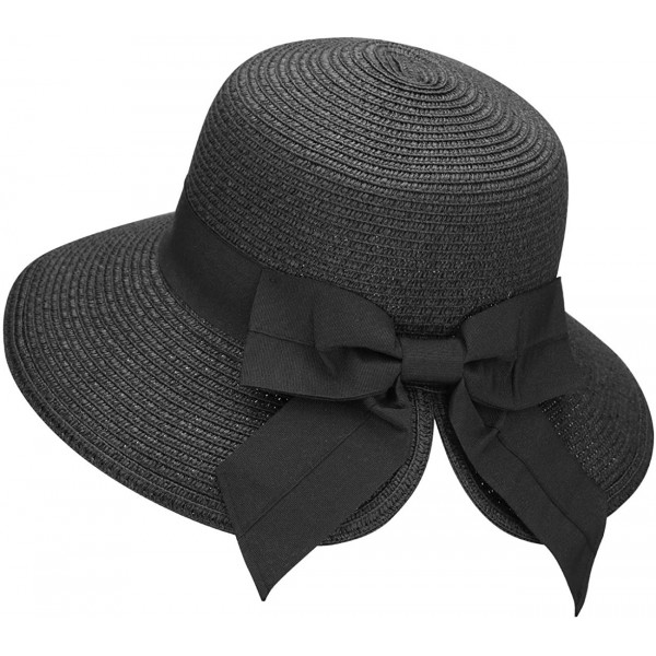 Sun Hats Women's Lightweight Foldable/Packable Beach Sun Hat w/Decorative Bow - Black Sun Hat - C5180WYSS67 $17.58
