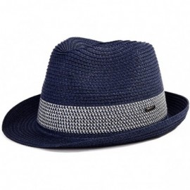 Fedoras Packable Straw Fedora Panama Sun Summer Beach Hat Cuban Trilby Men Women 55-61cm - 16010-navy - C318D2KT4OW $27.96