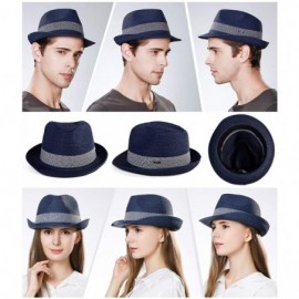 Fedoras Packable Straw Fedora Panama Sun Summer Beach Hat Cuban Trilby Men Women 55-61cm - 16010-navy - C318D2KT4OW $27.96