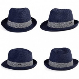 Fedoras Packable Straw Fedora Panama Sun Summer Beach Hat Cuban Trilby Men Women 55-61cm - 16010-navy - C318D2KT4OW $27.96