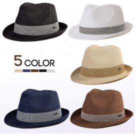 Fedoras Packable Straw Fedora Panama Sun Summer Beach Hat Cuban Trilby Men Women 55-61cm - 16010-navy - C318D2KT4OW $27.96