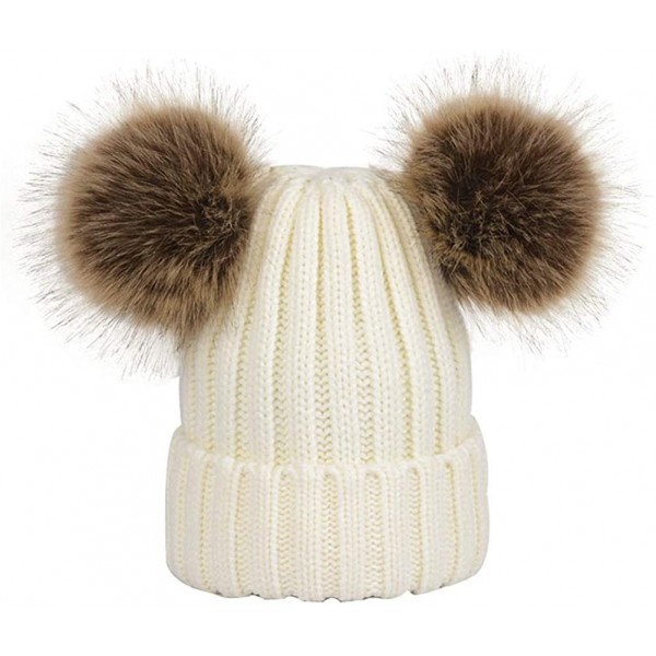 Skullies & Beanies Winter Women's Winter Knit Wool Beanie Hat with Double Faux Fur Pom Pom Ears - White - CI186RC46AK $8.62
