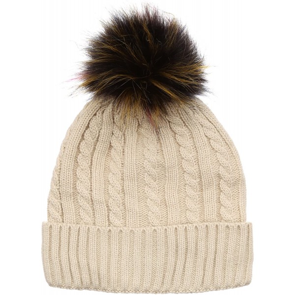 Skullies & Beanies Winter Cable Knitted Faux Fur Multi Color Pom Pom Beanie Hat with Soft Fur Lining - B.thin Cable Khaki - C...