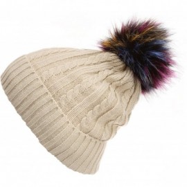 Skullies & Beanies Winter Cable Knitted Faux Fur Multi Color Pom Pom Beanie Hat with Soft Fur Lining - B.thin Cable Khaki - C...