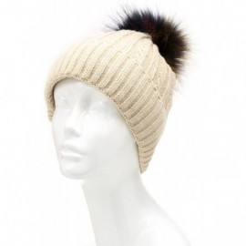 Skullies & Beanies Winter Cable Knitted Faux Fur Multi Color Pom Pom Beanie Hat with Soft Fur Lining - B.thin Cable Khaki - C...
