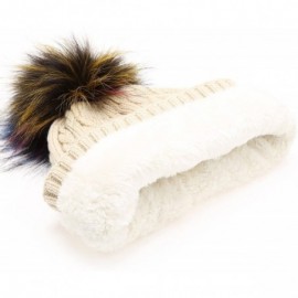 Skullies & Beanies Winter Cable Knitted Faux Fur Multi Color Pom Pom Beanie Hat with Soft Fur Lining - B.thin Cable Khaki - C...