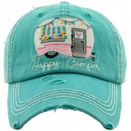 Baseball Caps Adjustable Happy Camper Distressed Baseball Cap Hat - Turquoise Pink - CS199GXNS03 $17.09