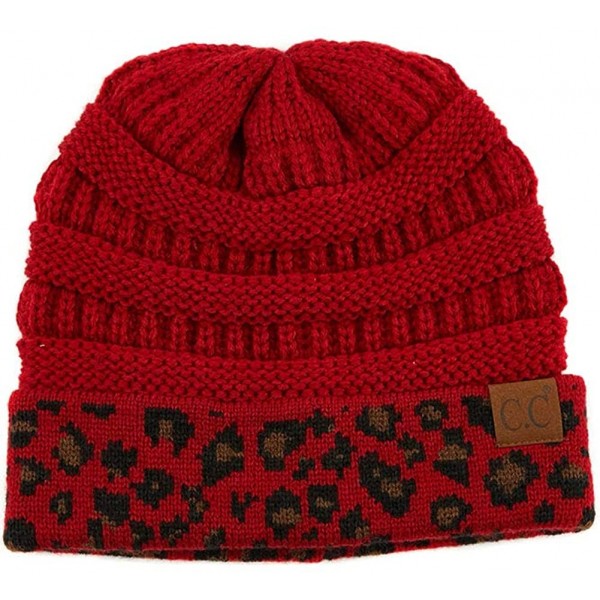Skullies & Beanies Women Classic Solid Color with Leopard Cuff Beanie Skull Cap - A Red - C718XURWW9M $10.89