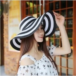 Sun Hats Floppy Wide Brim Straw Hat Women Summer Beach Cap Sun Hat - Black and White Striped - CF18DQTY7SN $14.26