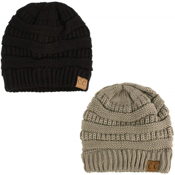 Skullies & Beanies Fleeced Fuzzy Lined Unisex Chunky Thick Warm Stretchy Beanie Hat Cap - Black/Lt. Melange Gray 2 Pack Combo...