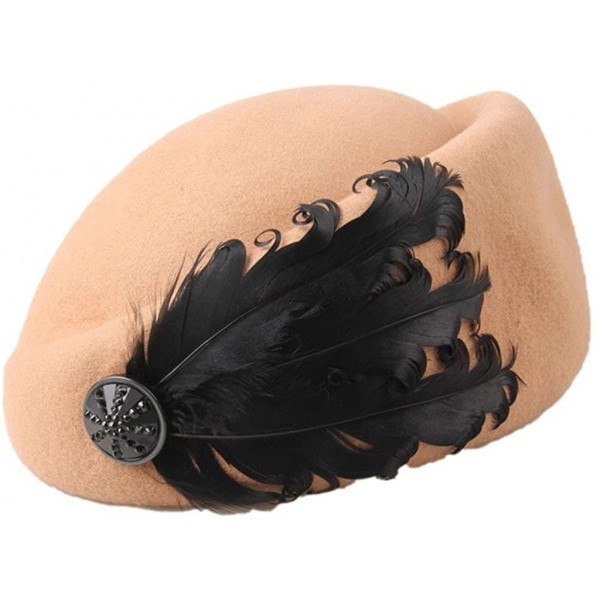 Berets Women's Vintage Feather Wool Beret Cap British Style Pillbox Hat - Camel - CM124X1D0LT $27.23