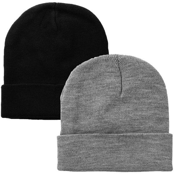 Skullies & Beanies Men Women Knitted Beanie Hat Ski Cap Plain Solid Color Warm Great for Winter - 2pcs Black & Light Grey - C...