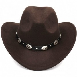 Cowboy Hats Womem Men Wool Blend Western Cowboy Hat Wide Brim Cowgirl Jazz Cap Leather Band - Dark Brown - C2186ICI6TO $22.64