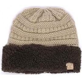 Skullies & Beanies C.C Unisex Soft Stretch Cable Knit Fuzzy Beanie Sherpa Trim - Taupe/Brown - CB18RKE4EWI $14.35