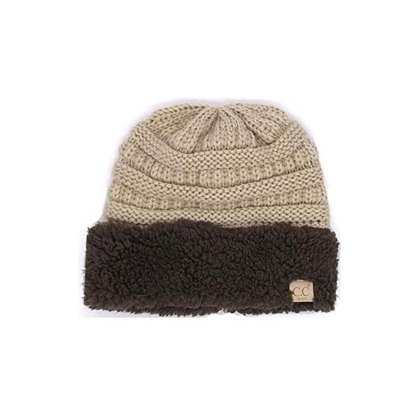 Skullies & Beanies C.C Unisex Soft Stretch Cable Knit Fuzzy Beanie Sherpa Trim - Taupe/Brown - CB18RKE4EWI $14.35