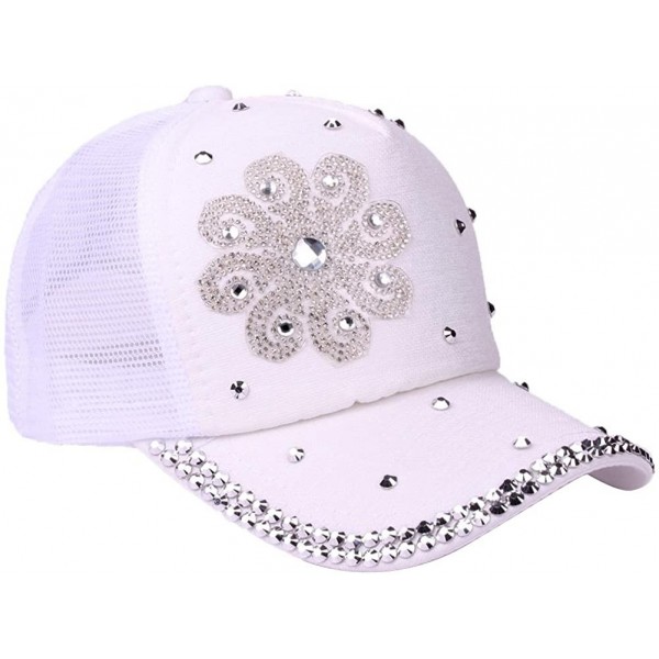 Baseball Caps Rhinestone Flower Ponytail Baseball Cap Adjustable Hat Sun Visor Hat for Women Girls - White - CZ18EZM7T3Q $10.09