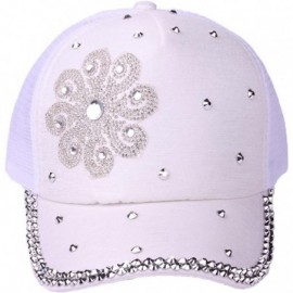 Baseball Caps Rhinestone Flower Ponytail Baseball Cap Adjustable Hat Sun Visor Hat for Women Girls - White - CZ18EZM7T3Q $10.09