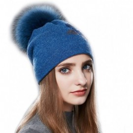 Skullies & Beanies Winter Fur Pom Bobble Cap Women Wool Slouchy Beanie Hat Chunky Skullies - Blue - CE1867WL9K2 $24.41