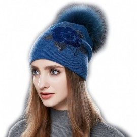 Skullies & Beanies Winter Fur Pom Bobble Cap Women Wool Slouchy Beanie Hat Chunky Skullies - Blue - CE1867WL9K2 $24.41