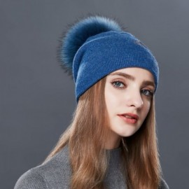 Skullies & Beanies Winter Fur Pom Bobble Cap Women Wool Slouchy Beanie Hat Chunky Skullies - Blue - CE1867WL9K2 $24.41