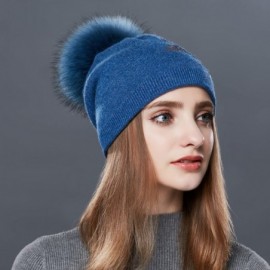 Skullies & Beanies Winter Fur Pom Bobble Cap Women Wool Slouchy Beanie Hat Chunky Skullies - Blue - CE1867WL9K2 $24.41