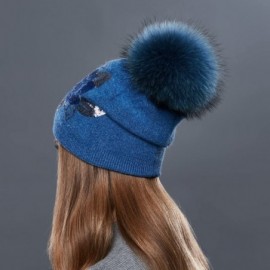 Skullies & Beanies Winter Fur Pom Bobble Cap Women Wool Slouchy Beanie Hat Chunky Skullies - Blue - CE1867WL9K2 $24.41