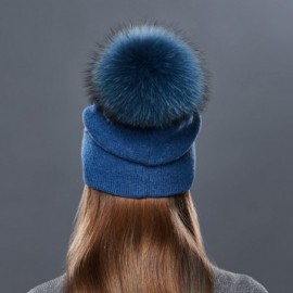 Skullies & Beanies Winter Fur Pom Bobble Cap Women Wool Slouchy Beanie Hat Chunky Skullies - Blue - CE1867WL9K2 $24.41