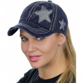 Baseball Caps Ponycap Messy High Bun Ponytail Adjustable Glitter Star Distressed Baseball Cap Hat - Navy - CX18RNOK99U $17.16