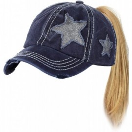 Baseball Caps Ponycap Messy High Bun Ponytail Adjustable Glitter Star Distressed Baseball Cap Hat - Navy - CX18RNOK99U $17.16