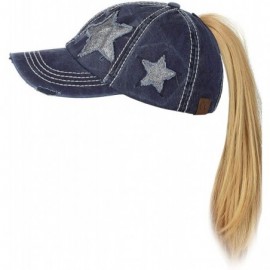 Baseball Caps Ponycap Messy High Bun Ponytail Adjustable Glitter Star Distressed Baseball Cap Hat - Navy - CX18RNOK99U $17.16