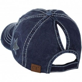 Baseball Caps Ponycap Messy High Bun Ponytail Adjustable Glitter Star Distressed Baseball Cap Hat - Navy - CX18RNOK99U $17.16