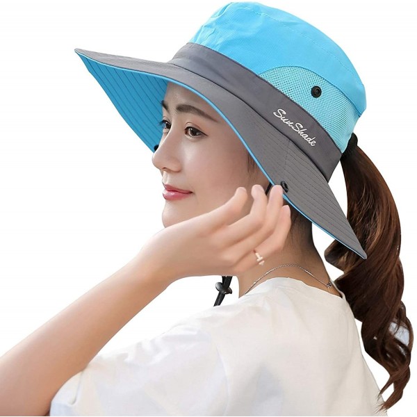 Sun Hats Women's Sun Hat Sun UV Protection Bucket Hat Boonie Safari Cap for Summer Beach - Blue - CU18G3WGKT8 $13.81
