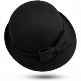 Fedoras Women's 100% Wool Felt Round Top Cloche Hat Fedoras Trilby with Bow Band - Black 2 - CC12O6KGBF1 $43.07